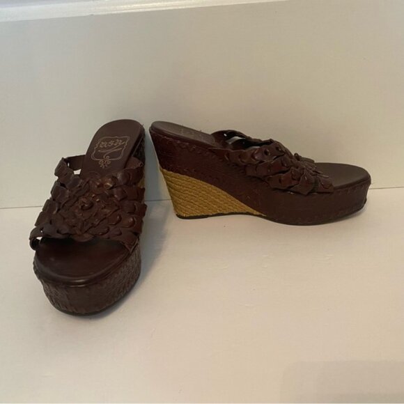 ASH SHOES WEDGE BROWN LEATHER WOVEN BRAID OPEN TOE TAN ROPE SOLES - Picture 2 of 12